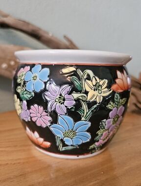 Vintage Floral Ceramic Planter Black Colorful Flower Pot Cachepot Decor